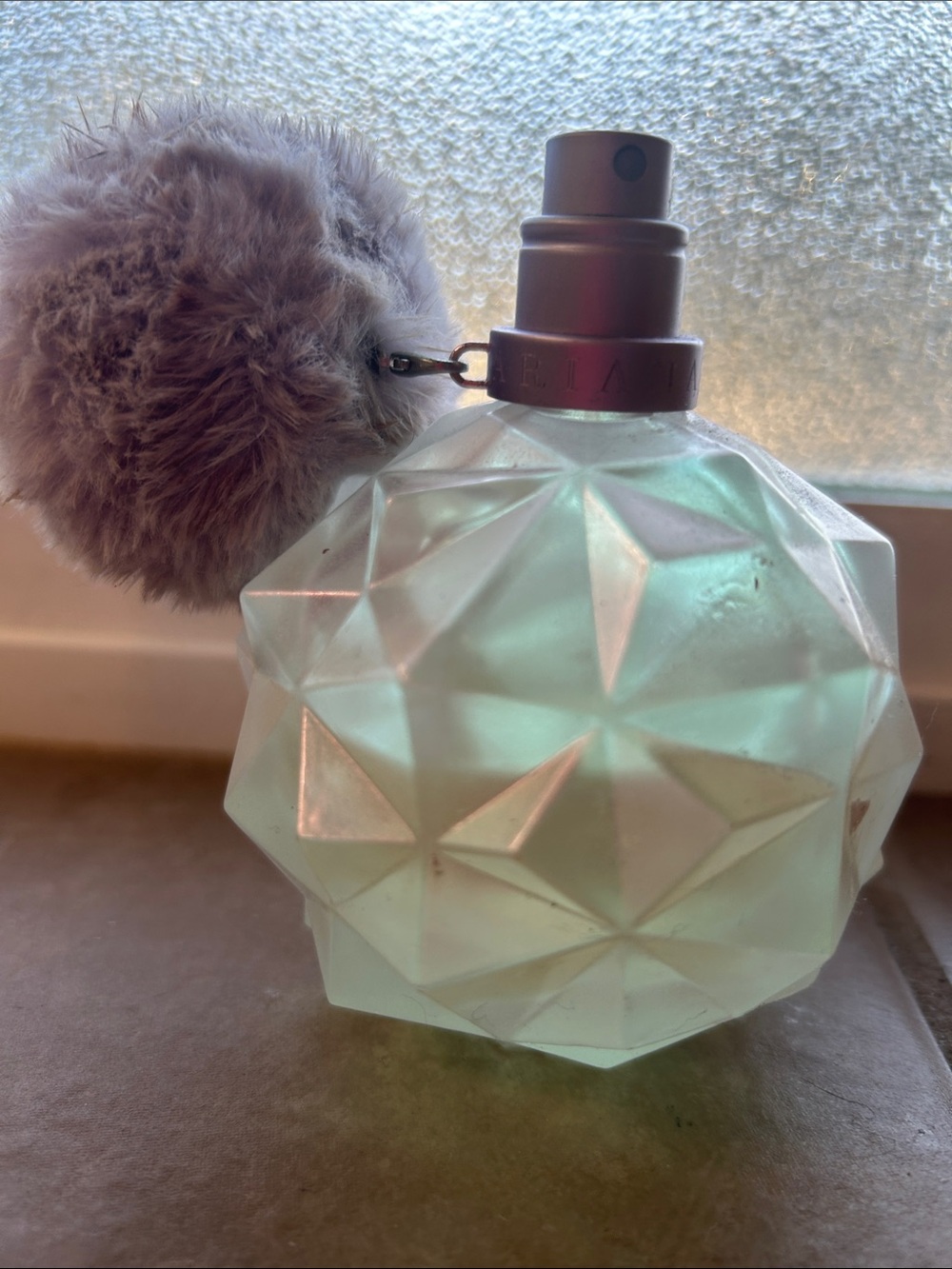 Ariana Grande Mint Green Geometric Glass perfume with Plush Pom